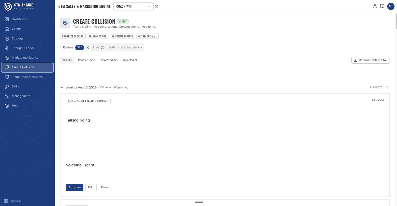 Create Collision review queue: call talking points and voicemail script per prospect