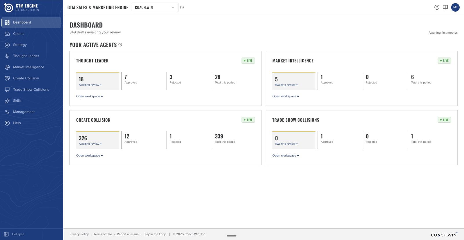 The GTM Engine dashboard: four live agents with drafts awaiting review