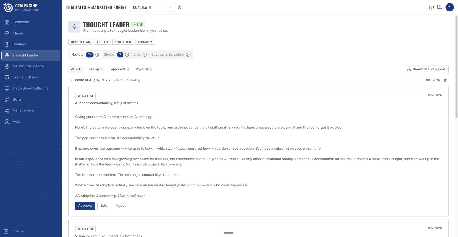 Thought Leader review queue: a LinkedIn post draft in your voice, ready to approve